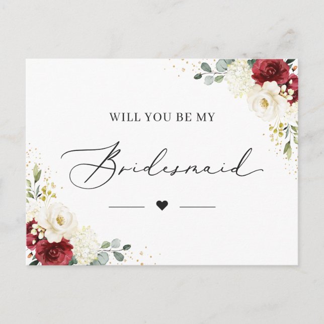 Carte Postale Red White Floral Be My Bridesmaid Proposition Card (Devant)