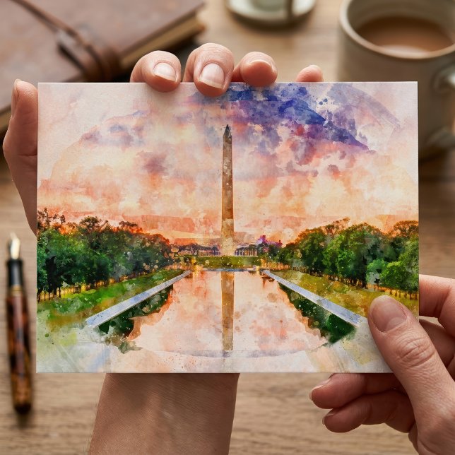 Carte Postale Reflet du monument de Washington au coucher du sol (Washington Monument Watercolor Sunset Reflection. Postcard)