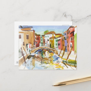 Carte Postale Reflets du pont du canal de Burano à l'aquarelle