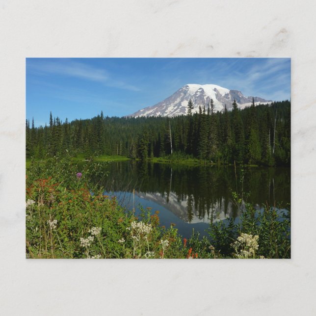 Carte Postale Réflexion du lac Rainier avec Fleurs sauvages (Devant)