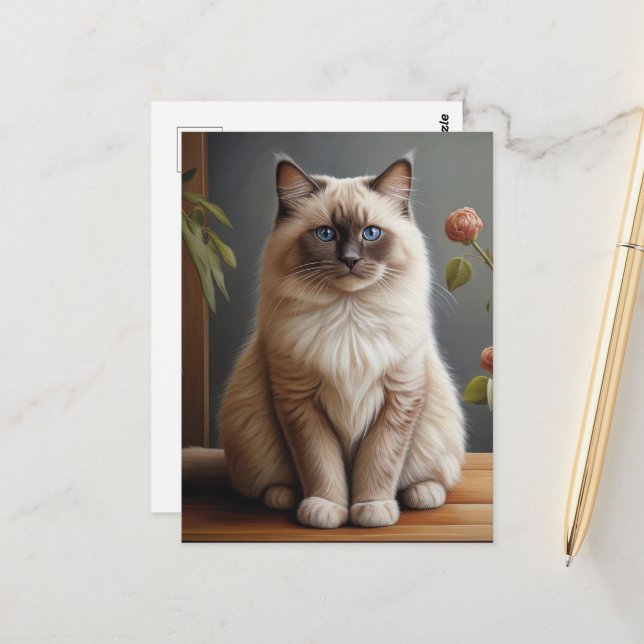Carte Postale Regal Ragdoll Portrait de chat Fluffy Blue Eyed (Devant/Arrière en situation)