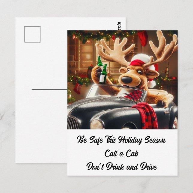 Carte Postale Reindeer ivrogne ne buvez pas et ne conduisez pas (Devant / Derrière)