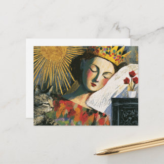 Carte Postale Reine de fantasy et son chat au lit