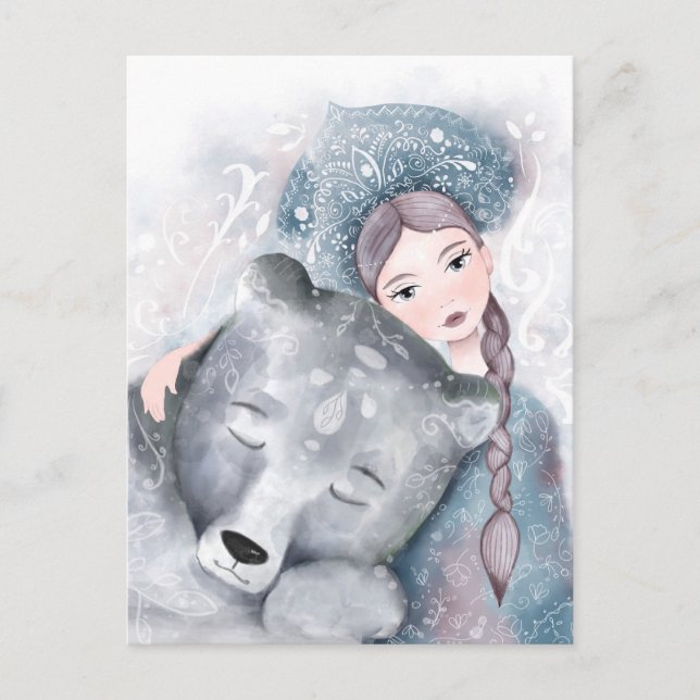 Carte Postale Reine des neiges et ours polaire dans l'aquarelle  (Devant)