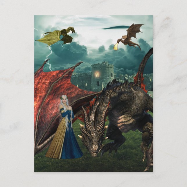 Carte Postale Reine Dragons Wyvern Respiration de feu Château (Devant)
