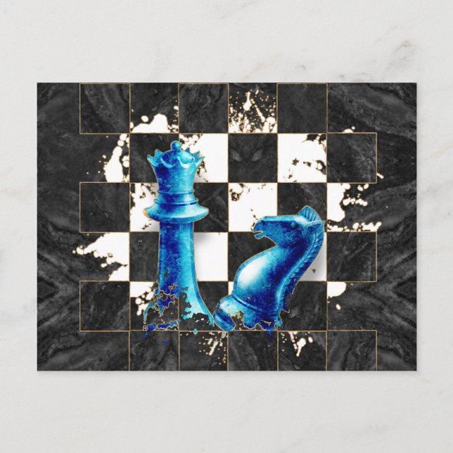 Carte Postale Reine et Cavalier d'échecs - Marbre Bleu (Devant)