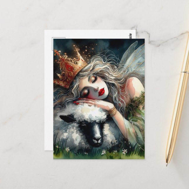 Carte Postale Reine poilue endormie sur son animal de compagnie (Devant/Arrière en situation)