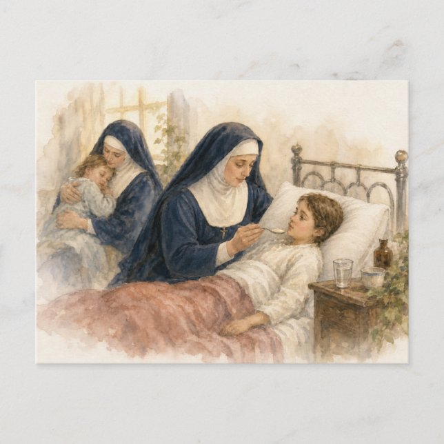 Carte Postale Religieuse catholique soignant un enfant malade (Devant)