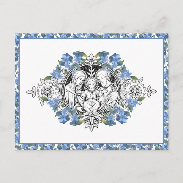 Carte Postale Religieuse Sainte Famille Élégante Florale Bleue M (Devant)