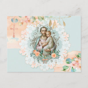 Carte Postale Religieux Floral St. Joseph Jésus Eucalyptus Peach