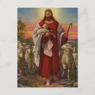 Carte Postale Religion vintage, Christ le bon berger troupeau