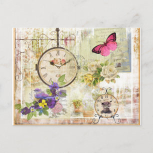 Carte Postale Reloj y mariposa rosa vintage con flûte violeta