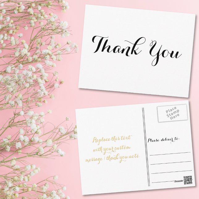 Carte Postale Remerciement Blanc Script Noir Élégant Personnalis (Personalized Elegant Black Script White Thank You Postcard)