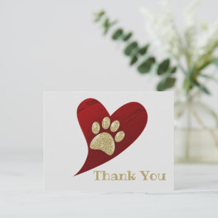 Carte Postale Remerciement Cœur Rouge Empreinte de Patte Dorée