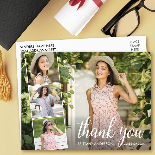 Carte Postale Remerciement Collage Photo Diplômé Calligraphie 4 (Customize to change your personalized text size or text style.)