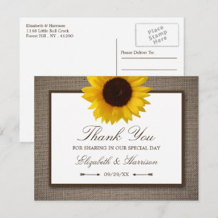 Carte Postale Remerciement Country Rustique Tournesol et Toile d