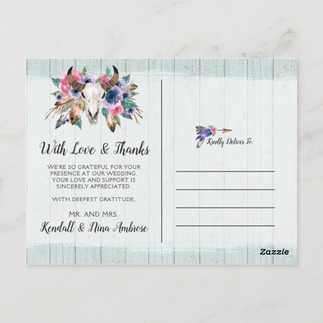 Carte Postale Remerciement Crâne de Vache Floral Rustique Chic B (Dos)