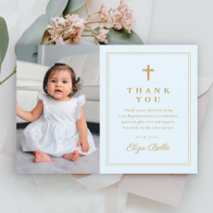 Carte Postale Remerciement de baptême photo croix dorée élégant 