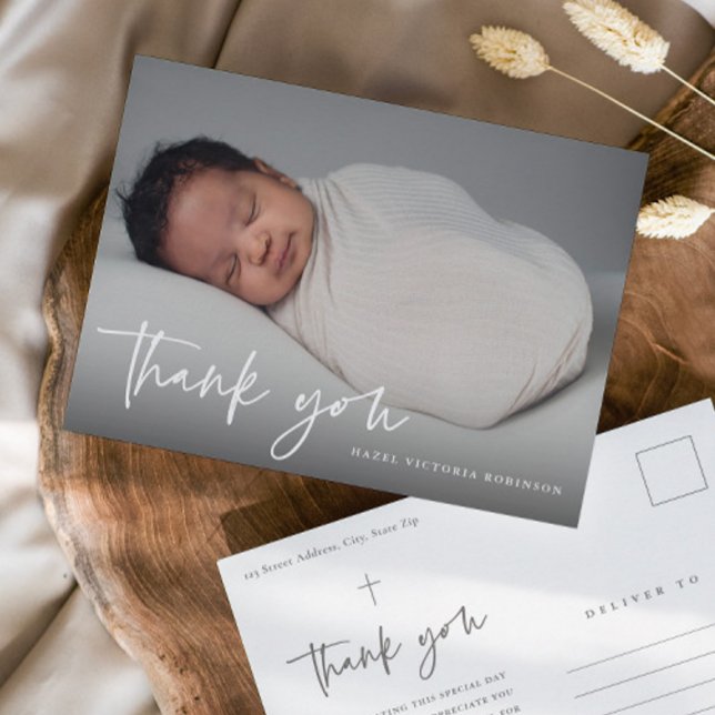 Carte Postale Remerciement de baptême religieux de script modern (Simple modern script baby photo baptism thank you postcard.)