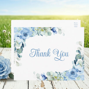 Carte Postale Remerciement de mariage aux roses aquarelles bleue