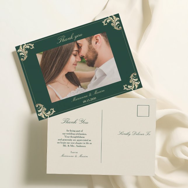 Carte Postale Remerciement de mariage baroque or vert émeraude (Créateur téléchargé)