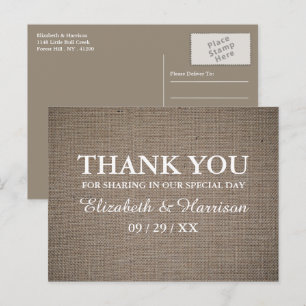 Carte Postale Remerciement de mariage en toile de jute rustique