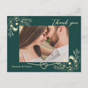 Carte Postale Remerciement de mariage floral or émeraude