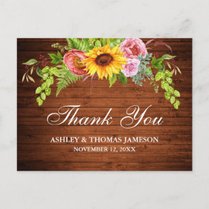 Carte Postale Remerciement de mariage floral tournesol bois rust