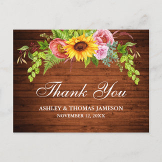 Carte Postale Remerciement de mariage floral tournesol bois rust