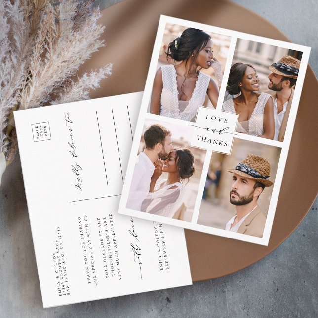 Carte Postale Remerciement de mariage moderne en collage de 4 ph (Front & Back)