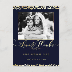 Carte Postale Remerciement de mariage photo confettis bleu et or