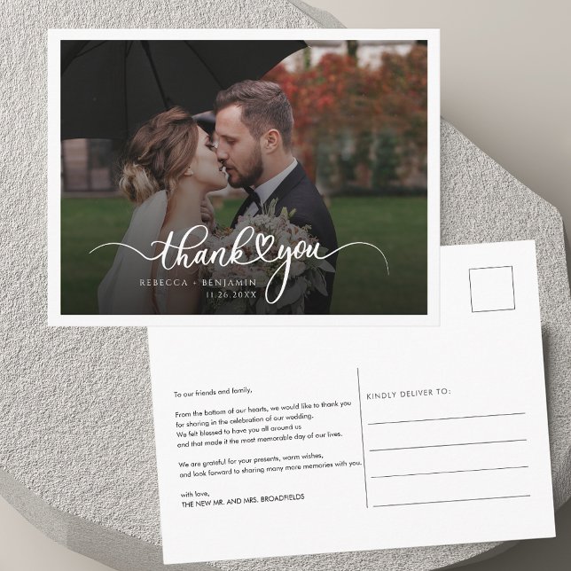 Carte Postale Remerciement de mariage photo écriture manuscrite  (Modern Handwritten Photo Wedding Thank You Postcard)