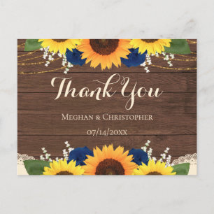 Carte Postale Remerciement de mariage tournesols en bois rustiqu