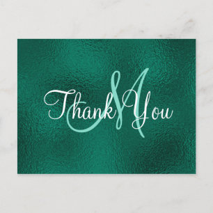 Carte Postale Remerciement de monogramme élégant en vert sarcell