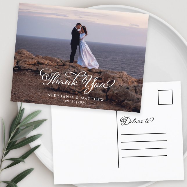 Carte Postale Remerciement de photo de coutume de mariage Callig (Wedding Custom Photo Thank You Elegant Calligraphy Postcard)