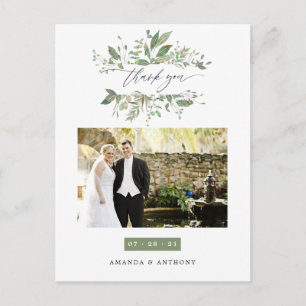 Carte Postale Remerciement de photo de mariage à la verdure à l'