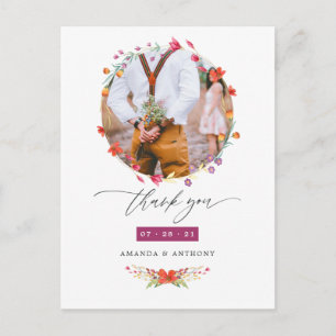 Carte Postale Remerciement de photo de mariage à l'aquarelle de 