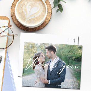 Carte Postale Remerciement de photo de mariage à l'écriture blan