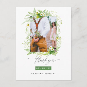 Carte Postale Remerciement de photo de mariage avec verdure bois
