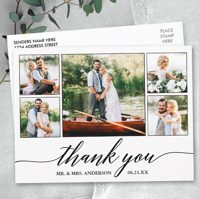 Carte Postale Remerciement de photo de mariage de calligraphie m (Customize to change your personalized text size or text style.)