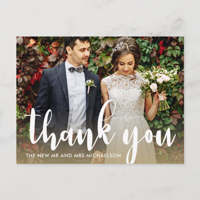 Carte Postale Remerciement de photo de mariage de script simple  (Devant)