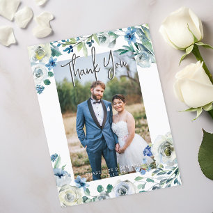 Carte Postale Remerciement de photo de mariage floral élégant bl
