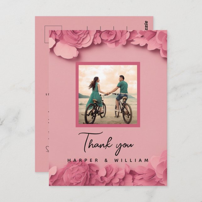 Carte Postale Remerciement de photo de mariage floral rose (Devant / Derrière)