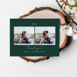 Carte Postale Remerciement de photo de mariage vert Monogram