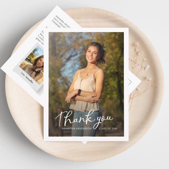 Carte Postale Remerciement de script multi-photo pour la remise  (Graduation 2 Photos Grad Thank You Card)