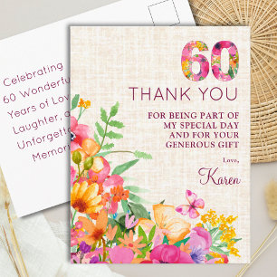 Carte Postale Remerciement Élégant Floral 60e Anniversaire