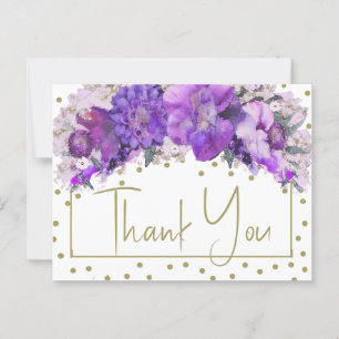 Carte Postale Remerciement Fleuris Or Confettis Violet