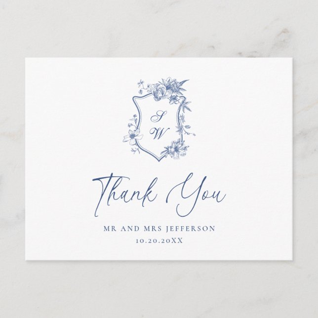 Carte Postale Remerciement floral de jardin français bleu élégan (Devant)