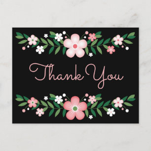 Carte Postale Remerciement Floral Noir, Fleurs Roses Mariage Fêt