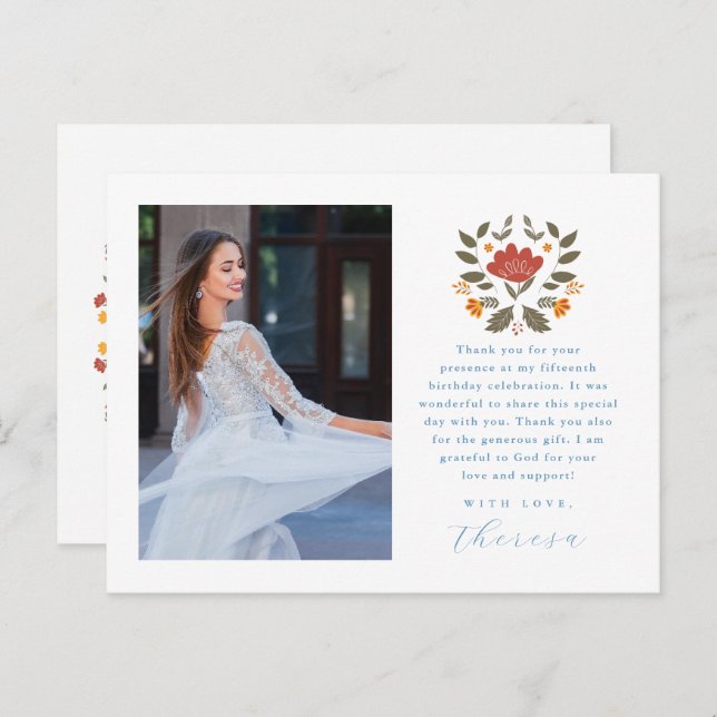 Carte Postale Remerciement Floral pour Quinceanera Photo Bleu Fi (Devant / Derrière)